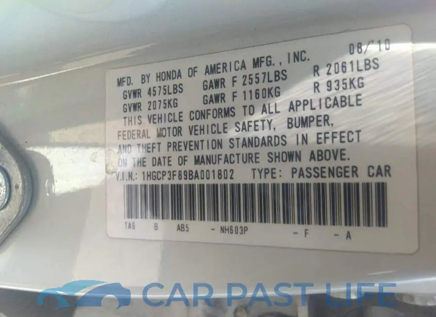 1HGCP3F89BA001802# 9