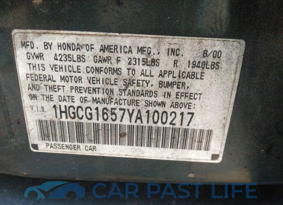1HGCG1657YA100217# 9