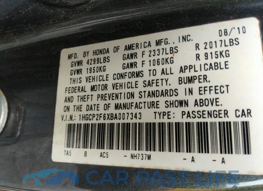 1HGCP2F6XBA007343# 9
