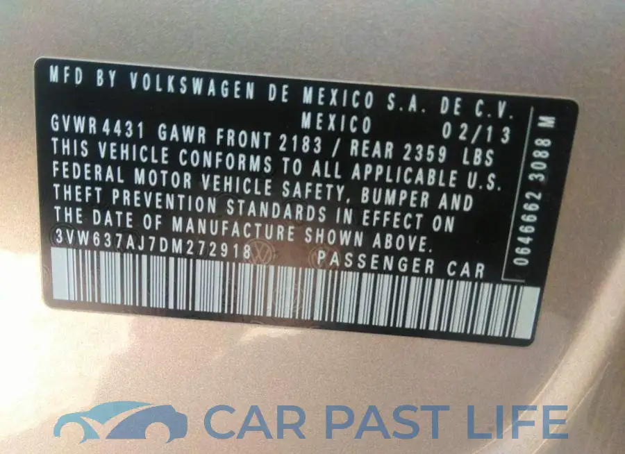 3VW637AJ7DM272918# 9