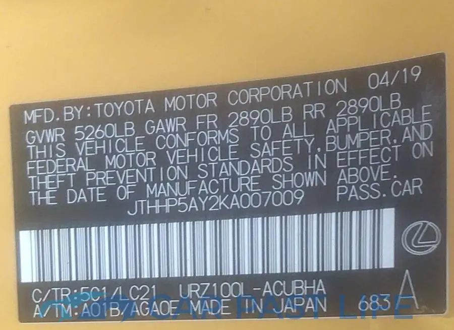 JTHHP5AY2KA007009# 9