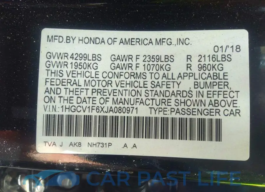 1HGCV1F6XJA080971# 9