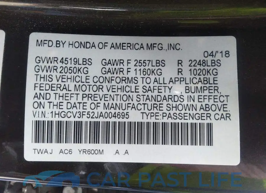 1HGCV3F52JA004695# 9
