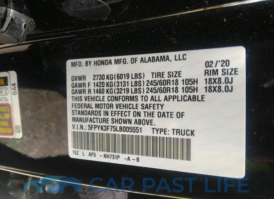 5FPYK3F75LB005551# 9