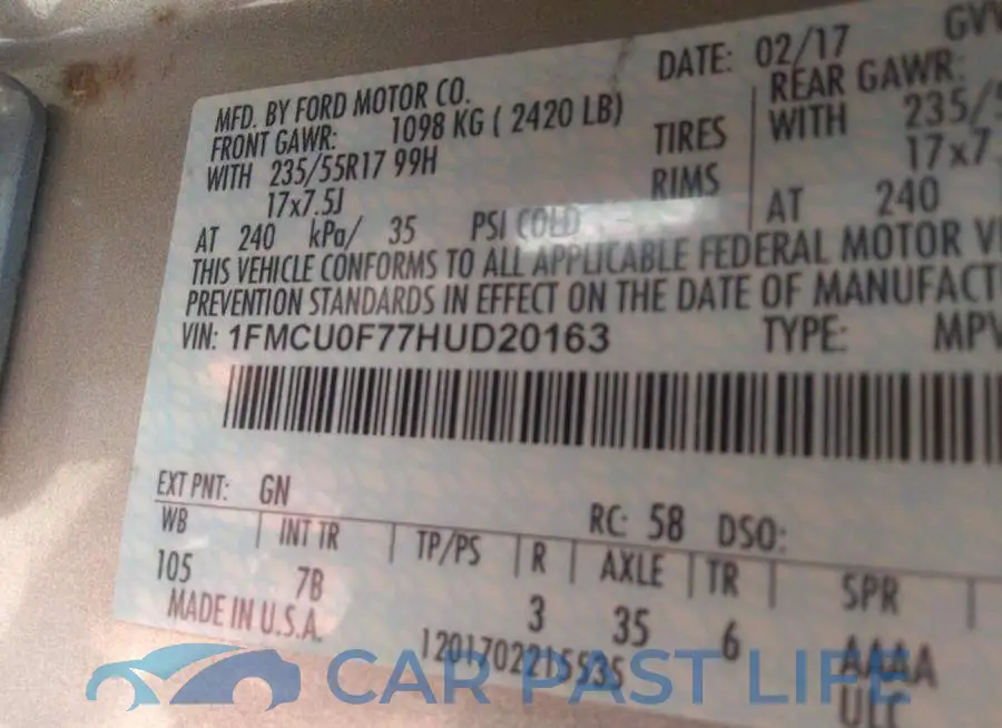 1FMCU0F77HUD20163# 9