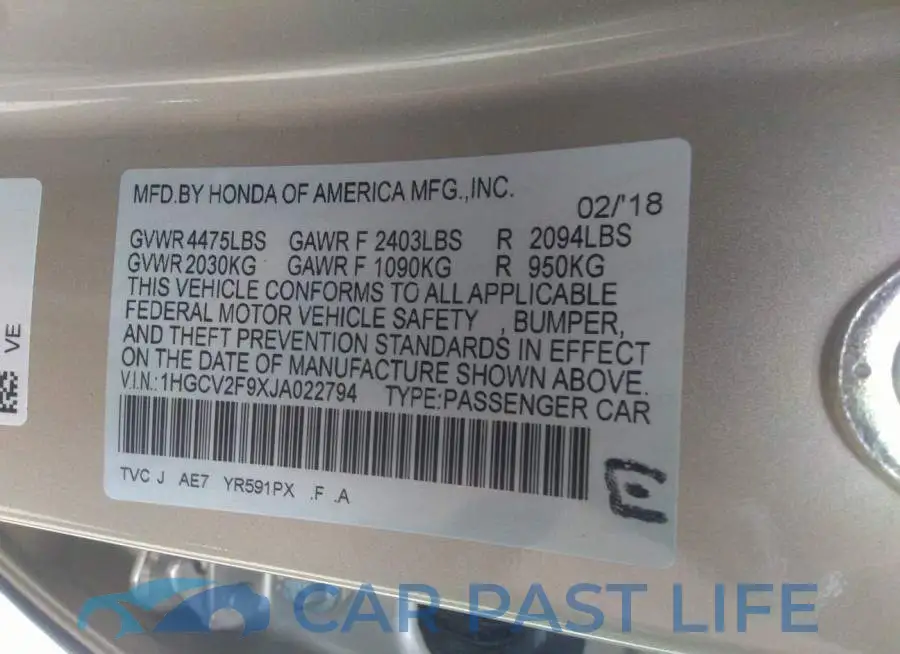 1HGCV2F9XJA022794# 9