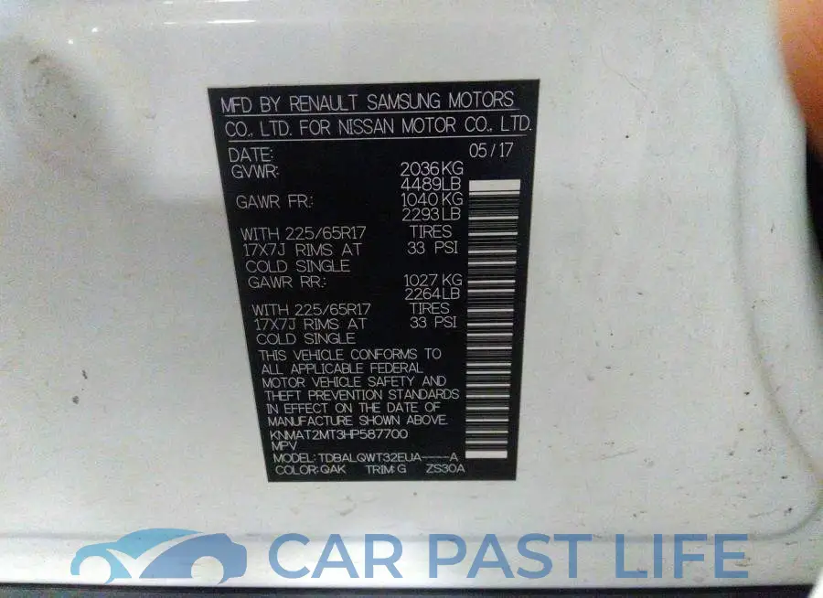 KNMAT2MT3HP587700# 9
