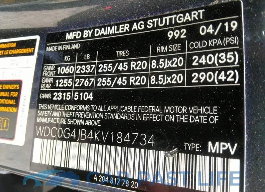 WDC0G4JB4KV184734# 9