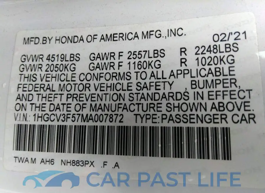 1HGCV3F57MA007872# 9