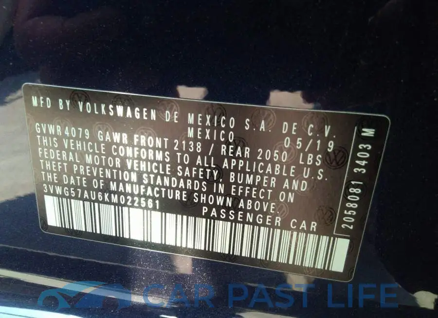 3VWG57AU6KM022561# 9