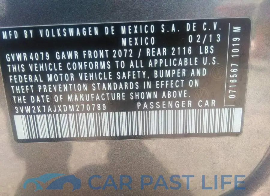 3VW2K7AJXDM270789# 9