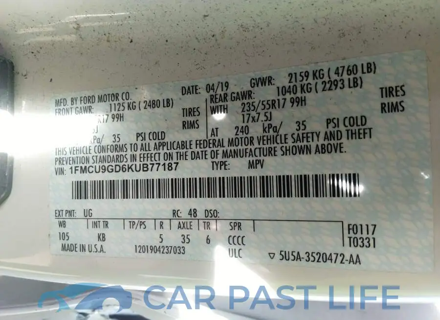 1FMCU9GD6KUB77187# 9