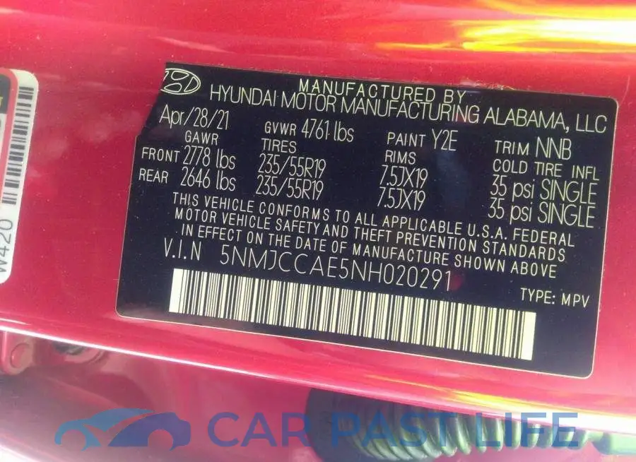 5NMJCCAE5NH020291# 9