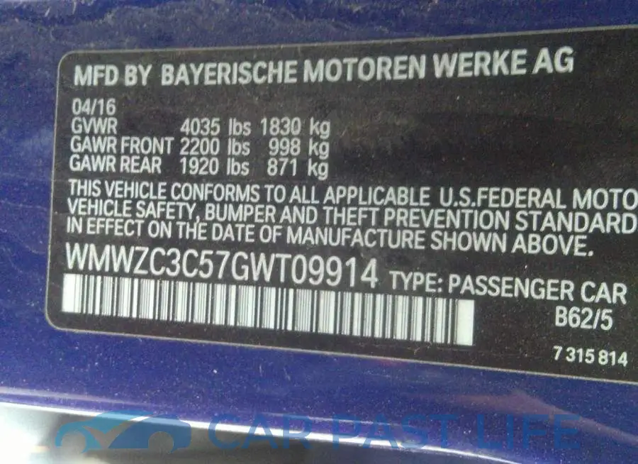 WMWZC3C57GWT09914# 9