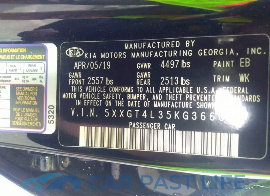 5XXGT4L35KG366055# 9