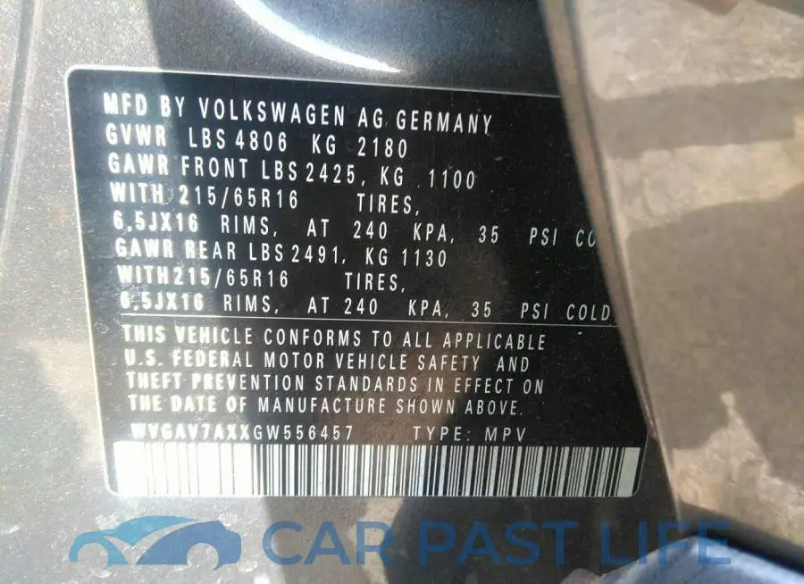 WVGAV7AXXGW556457# 9