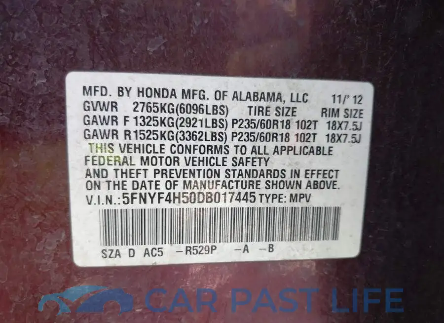5FNYF4H50DB017445# 9