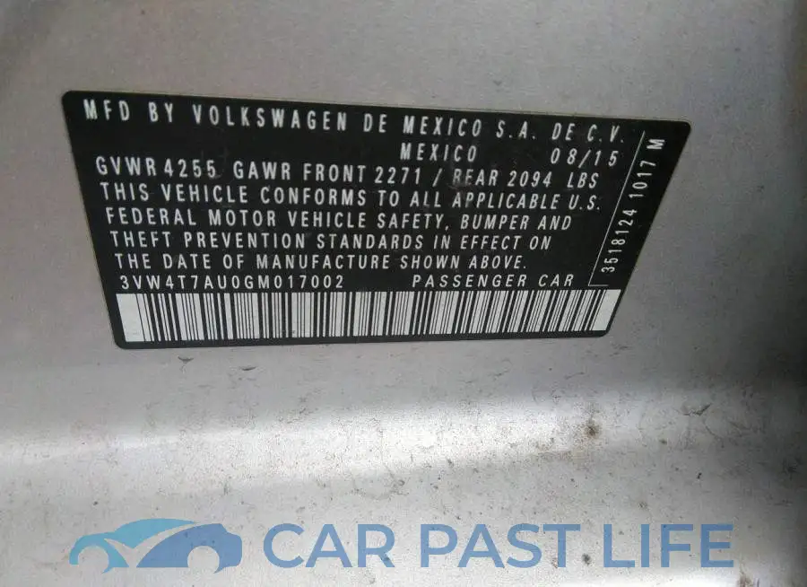 3VW4T7AU0GM017002# 9