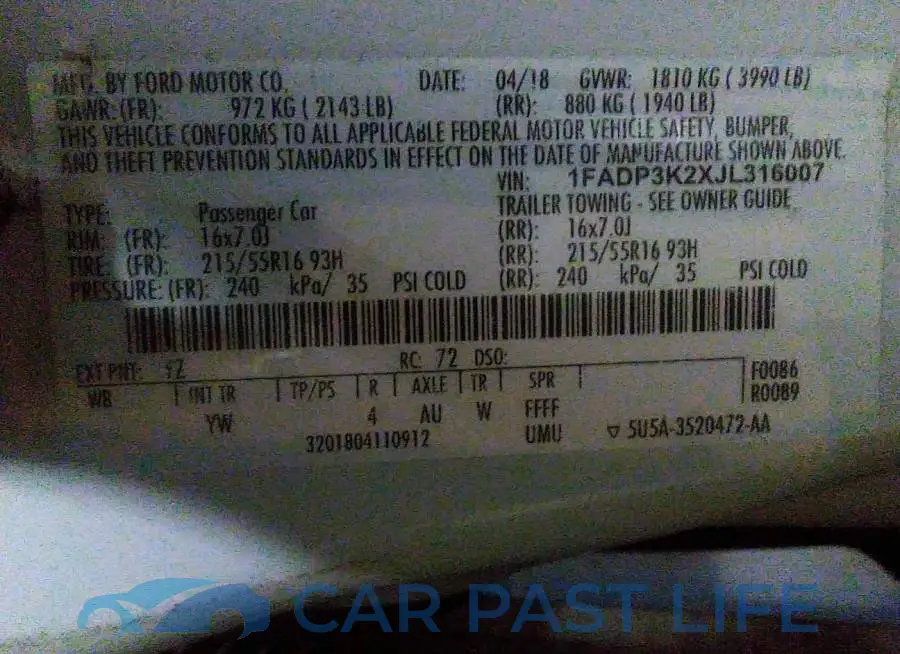 1FADP3K2XJL316007# 9