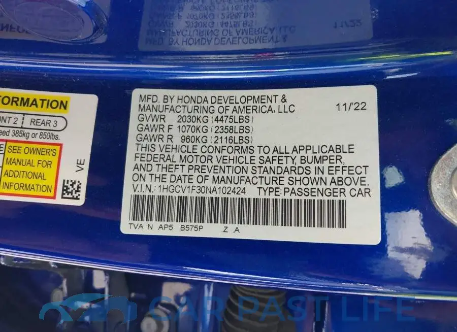 1HGCV1F30NA102424# 9