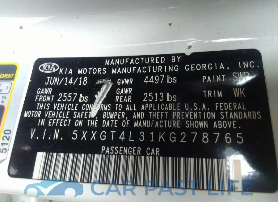 5XXGT4L31KG278765# 9