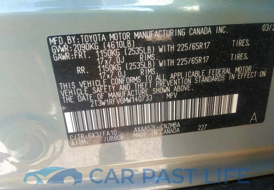 2T3W1RFV6MW140733# 9