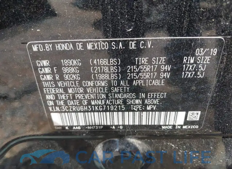 3CZRU6H31KG719215# 9
