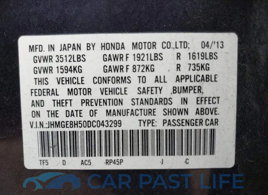 JHMGE8H50DC043299# 9