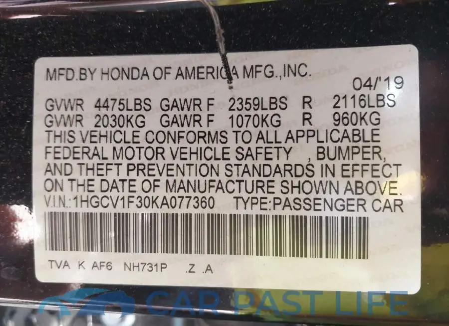 1HGCV1F30KA077360# 9
