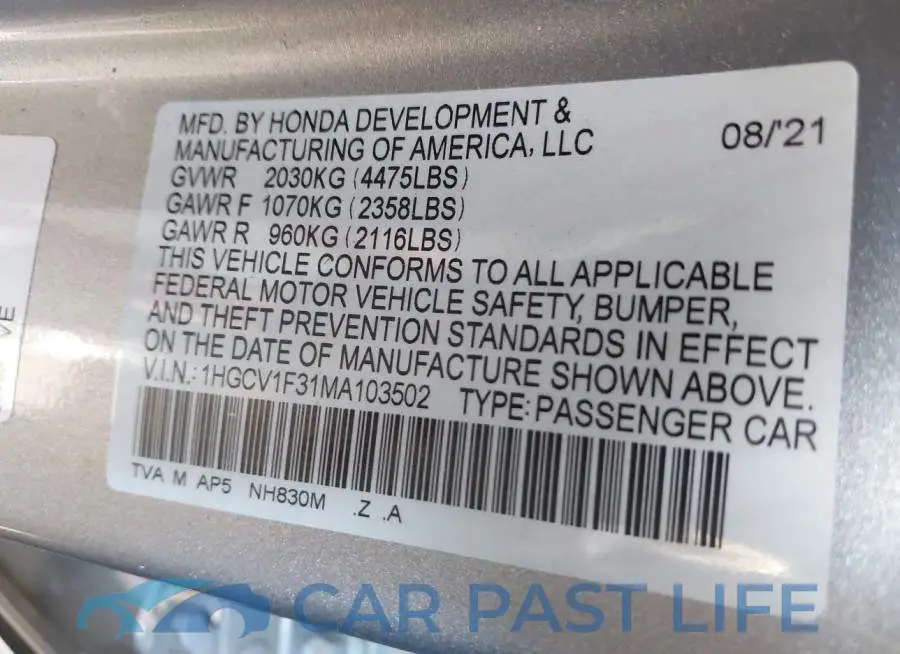 1HGCV1F31MA103502# 9