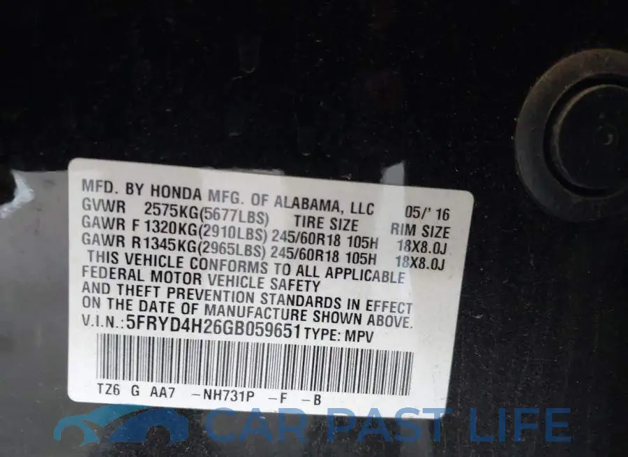 5FRYD4H26GB059651# 9