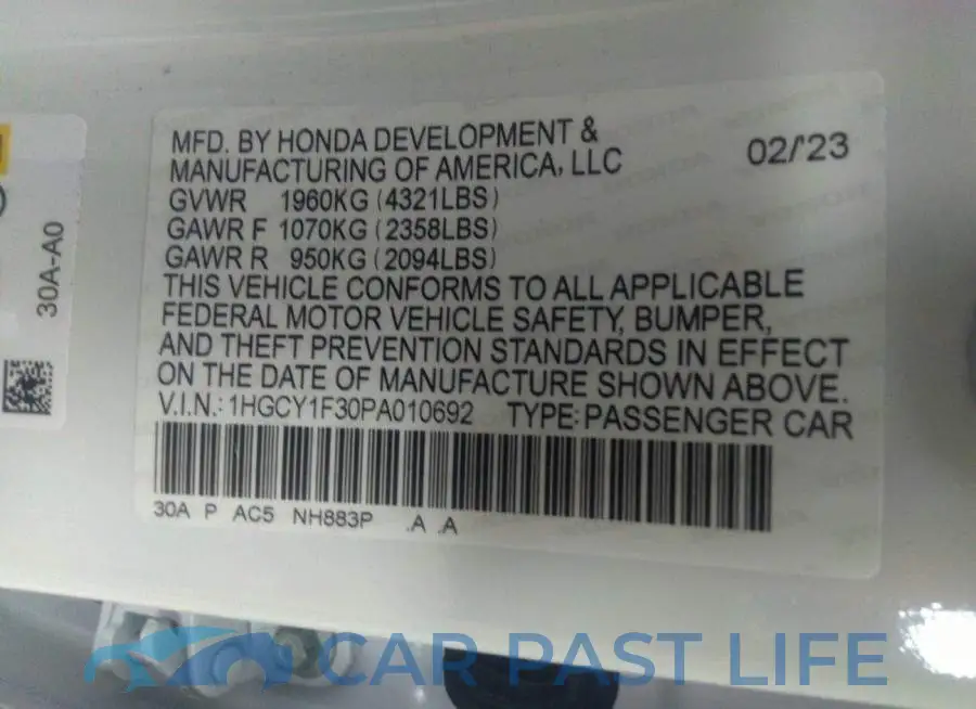 1HGCY1F30PA010692# 9