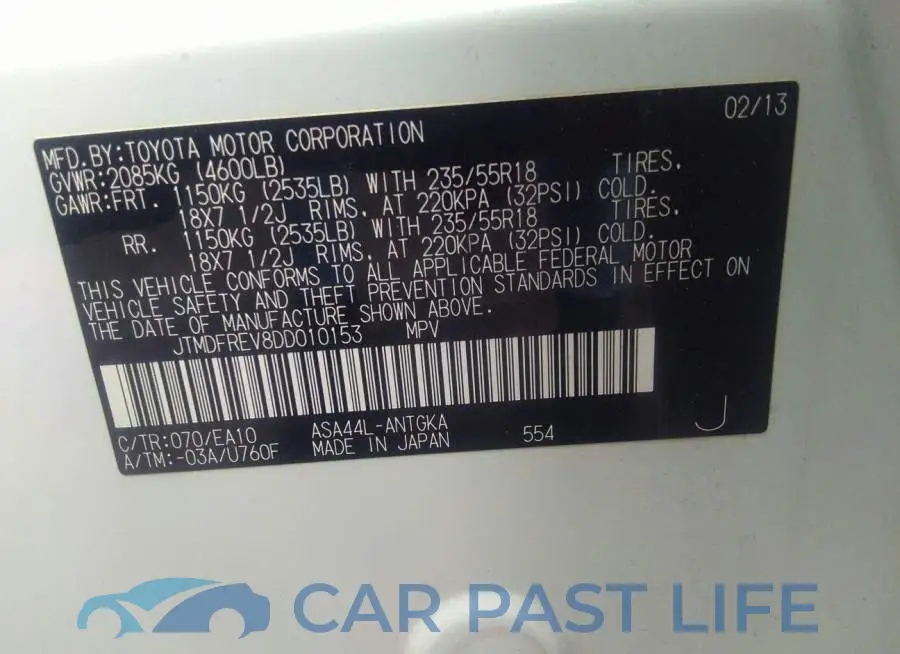 JTMDFREV8DD010153# 9