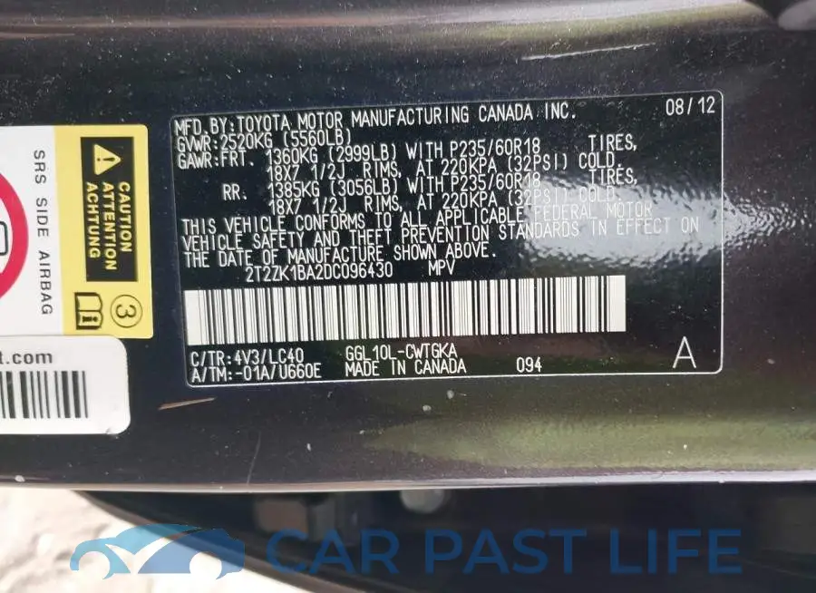 2T2ZK1BA2DC096430# 9