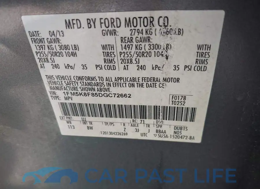1FM5K8F85DGC72662# 9