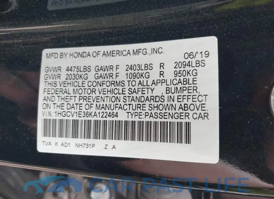 1HGCV1E36KA122464# 9