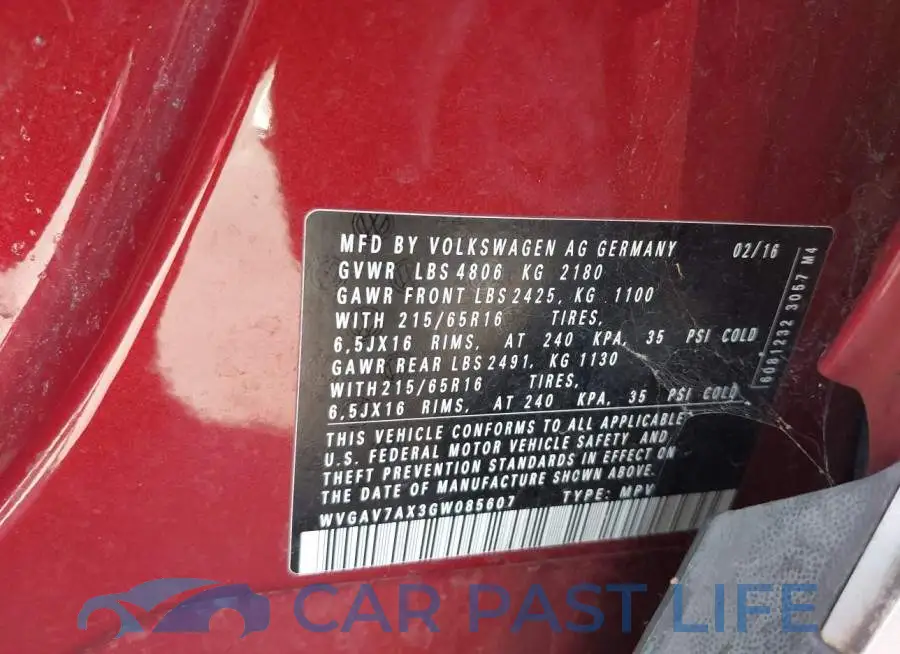 WVGAV7AX3GW085607# 9