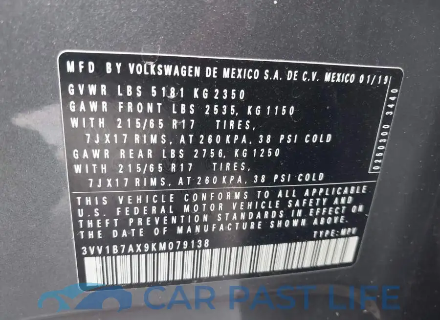 3VV1B7AX9KM079138# 9