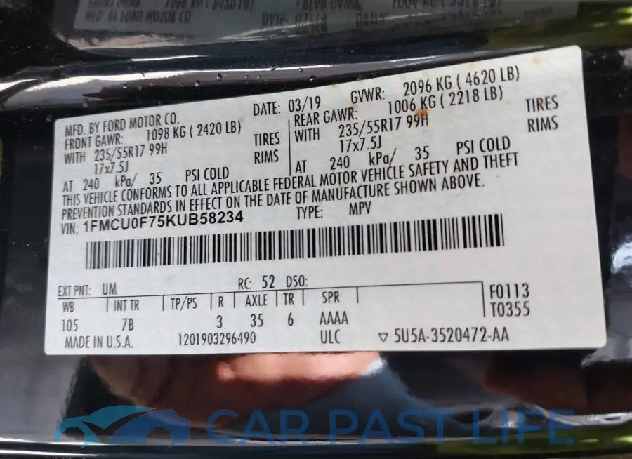 1FMCU0F75KUB58234# 9
