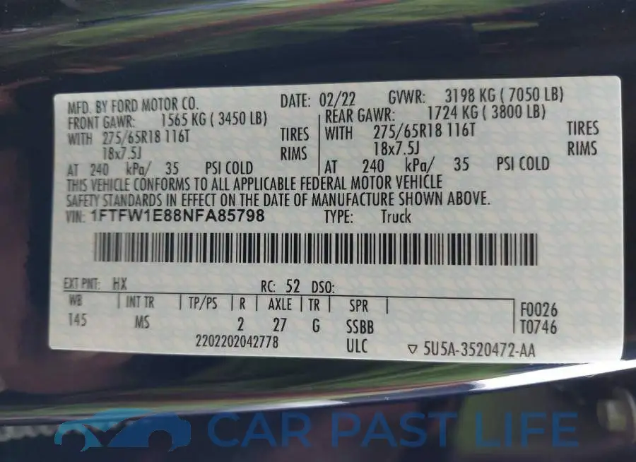 1FTFW1E88NFA85798# 9