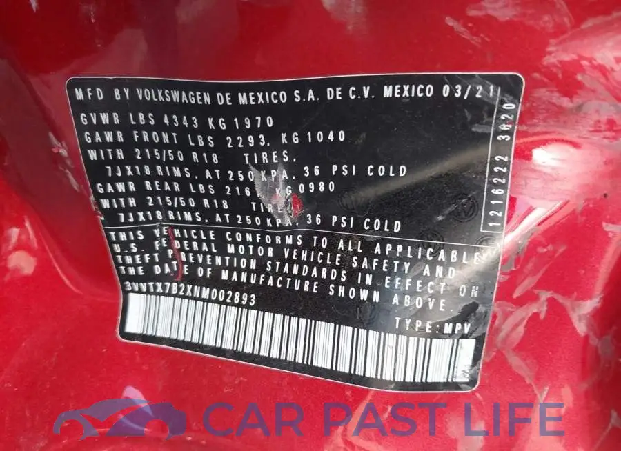 3VVTX7B2XNM002893# 9