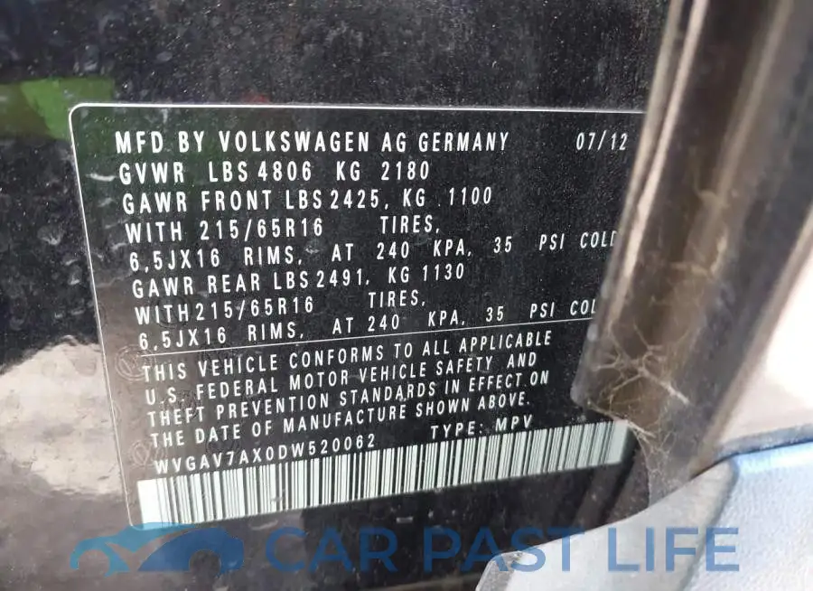 WVGAV7AX0DW520062# 9