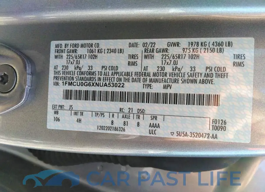 1FMCU0G6XNUA53022# 9