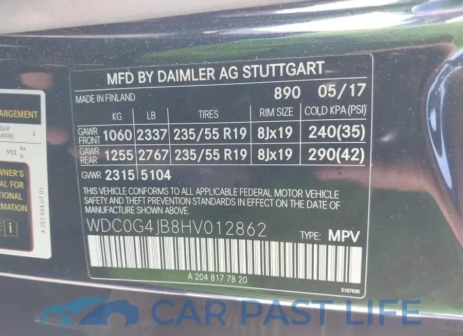 WDC0G4JB8HV012862# 9