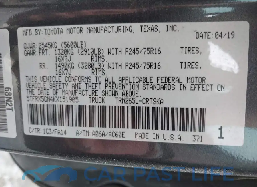 5TFRX5GN4KX151905# 9