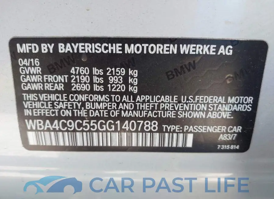 WBA4C9C55GG140788# 9