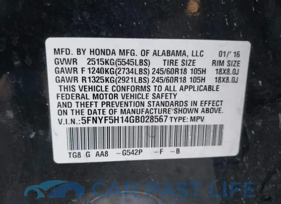5FNYF5H14GB028567# 9