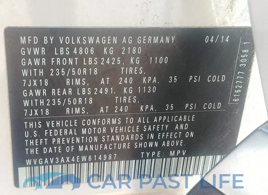 WVGAV3AX4EW614987# 9