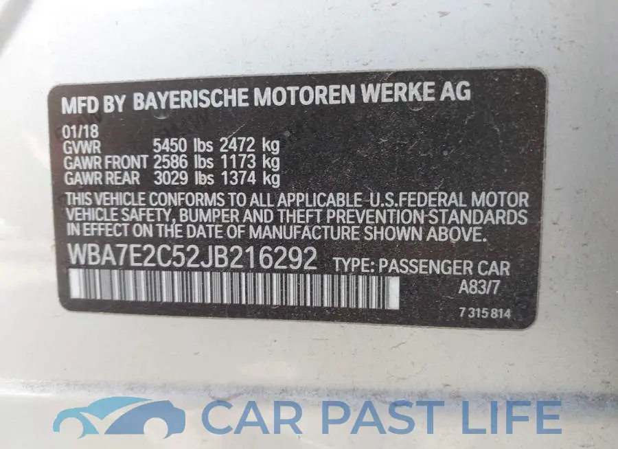WBA7E2C52JB216292# 9