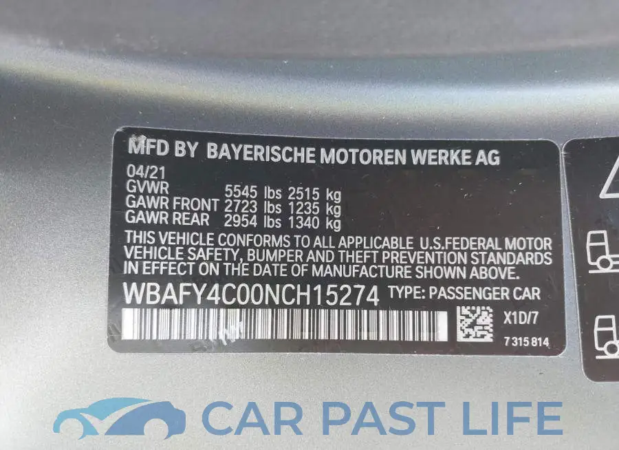 WBAFY4C00NCH15274# 9